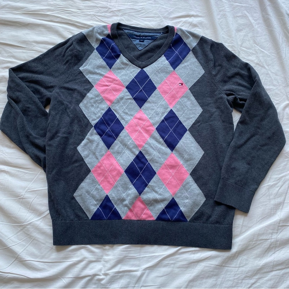 Tommy Hilfiger Charcoal V-Neck Argyle Sweater with Pink & Navy